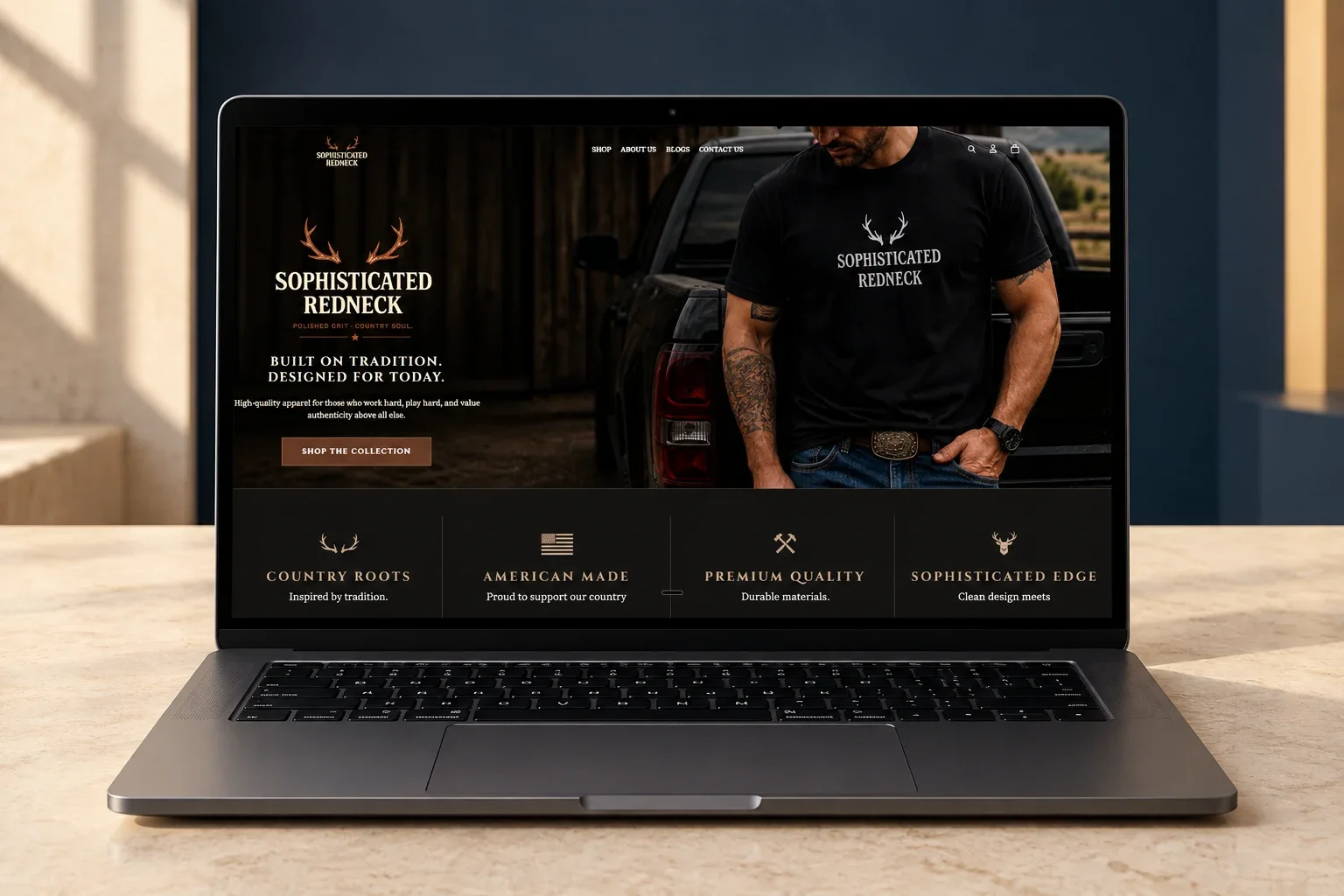 Laptop mockup of the Sophisticated Redneck Shopify apparel storefront